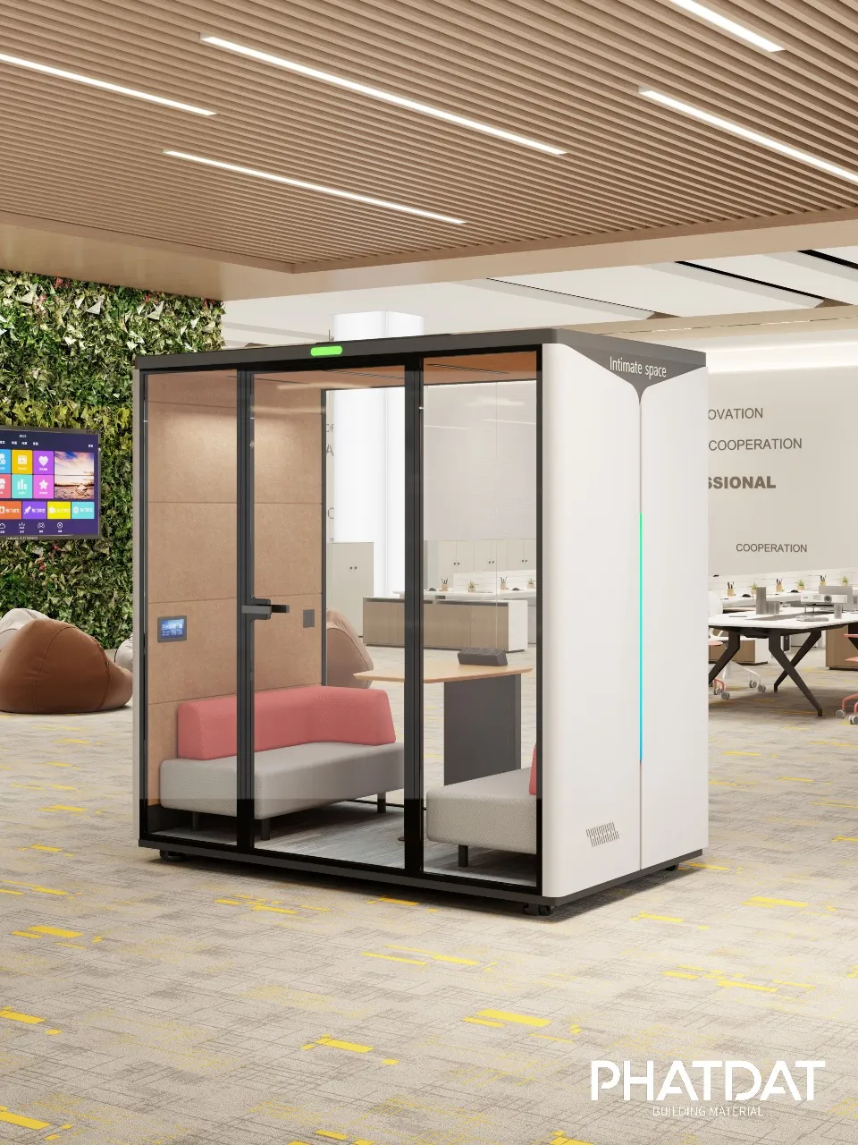 Phone booth cách âm văn Elegant. Pod 4-6 người. Phát Đạt Group cung cấp