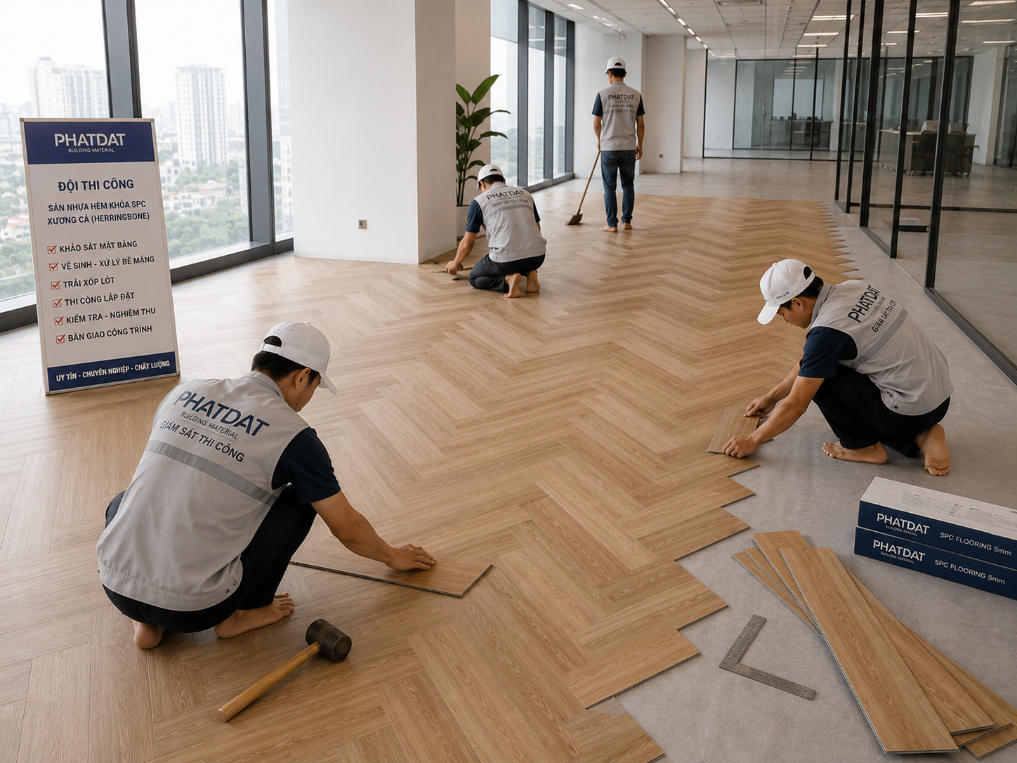 Phát Đạt Group thi công sàn nhựa hèm khóa xương cá giả gỗ
